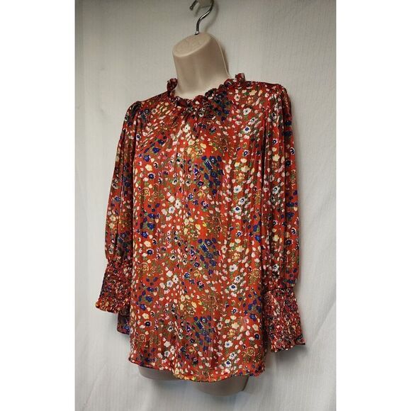 Rachel Zoe Red Floral High Neck Smock Sleeve Blouse Multicolor Red Size Medium - Picture 4 of 12